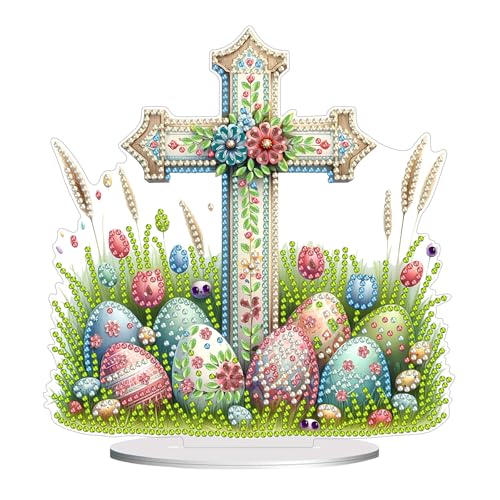 Kit de adornos de huevos de Pascua de escritorio 5D con diamantes de imitación de cristal de forma especial para estantería (diamante de una sola cara) #04, cruz de huevo de Pascua