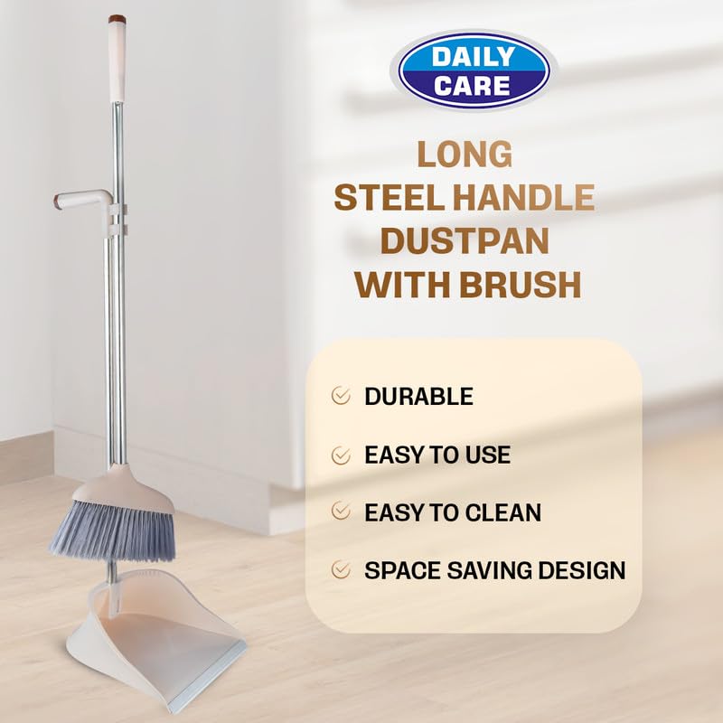 Image of Long Handle Dustpan with Brush Set | Ergonomic, Heavy Duty, and Easy to Use for Home, Office, and Kitchen Cleaning (Grey)