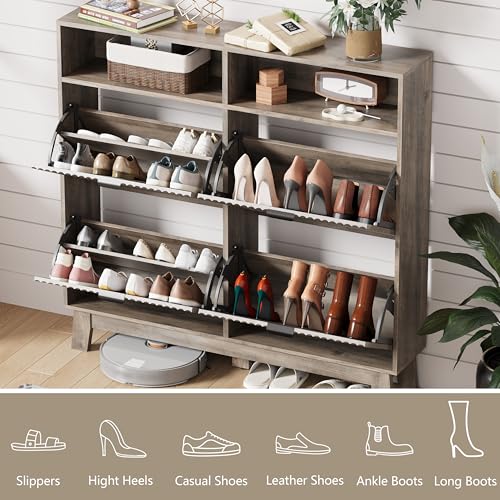Image of Shoe Cabinet Storage for Entryway with 4 Flip Drawers, Fluted Narrow Shoe Organizer with Wooden Legs & Top Cubby, Freestanding Slim Shoe Storage Hidden Shoe Rack for Front Door Entrance, Grey