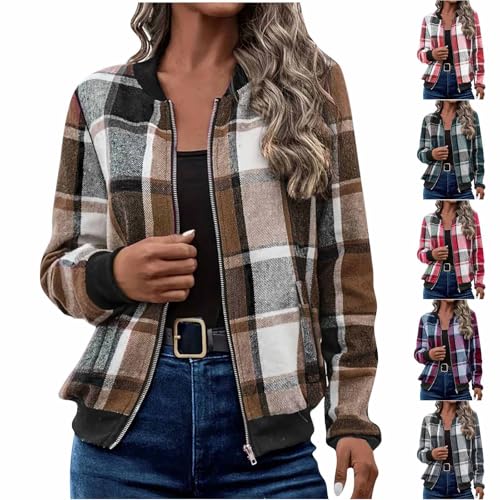 Flannels for women trendy 2025 long sleeve zip up plaid shackets casual lightweight jackets with pockets fall outfits