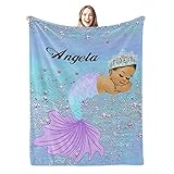 Cute African American Girl Mermaid Personalized Name Soft Fleece Bed Blankets Throws as Birthday Wed