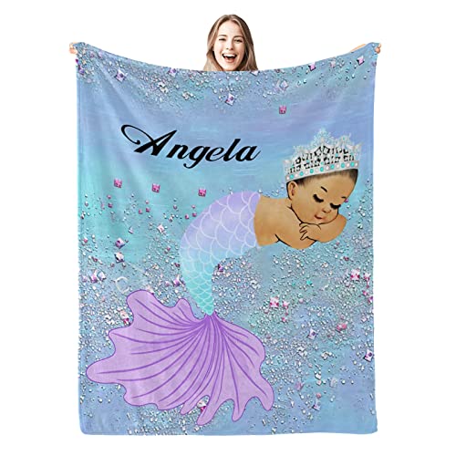Cute African American Girl Mermaid Personalized Name Soft Fleece Bed Blankets Throws As Birthday Wedding Gifts For Sofa Couch 50'' X 60'' #TOP29