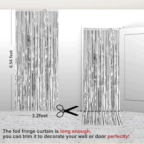 Image of 2 Pack 3.28 ft x 6.56 ft Silvery Tinsel Curtain Party Backdrop Decorations, Metallic Foil Fringe Backdrop Door for Halloween, Christmas, Birthday Graduation Wedding Party Streamers Photo Backdrop.