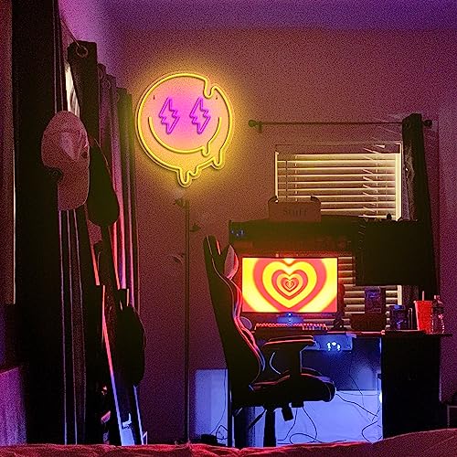 Image of Melting Smile Face Neon Sign Dimmable Melted Smiling Face Neon Signs for Wall Decor Neon Smile Light Signs for Kids Room Party Bedroom Wall Art Decor USB Powered Holiday Gift