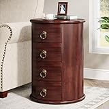 Tribesigns Solid Wood End Table, Round Side Table with 4 Drawers, Vintage Bedside Table Nightstand for Small Spaces, Living Room, Bedroom, No Assembly Required (1, Cherry Brown)
