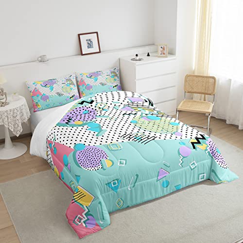 Memphis Comforter Set Queen,Colorful Memphis Style Bedding Set,Child Trippy Circle Triangle Down Comforter For Kids Boys Girls Retro 80'S 90'S Style Abstract Artwork Quilted Duvet Home Room Decor #TOP3