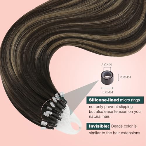 Image of Easyouth 18In Micro Ring Hair Extensions Human Hair Balayage, Lightweight | Micro Beads Hair Extensions Ombre, Dark Brown with Light Brown, 57g 50s, for Salon, Easy Diy Application, Gentle on Hair