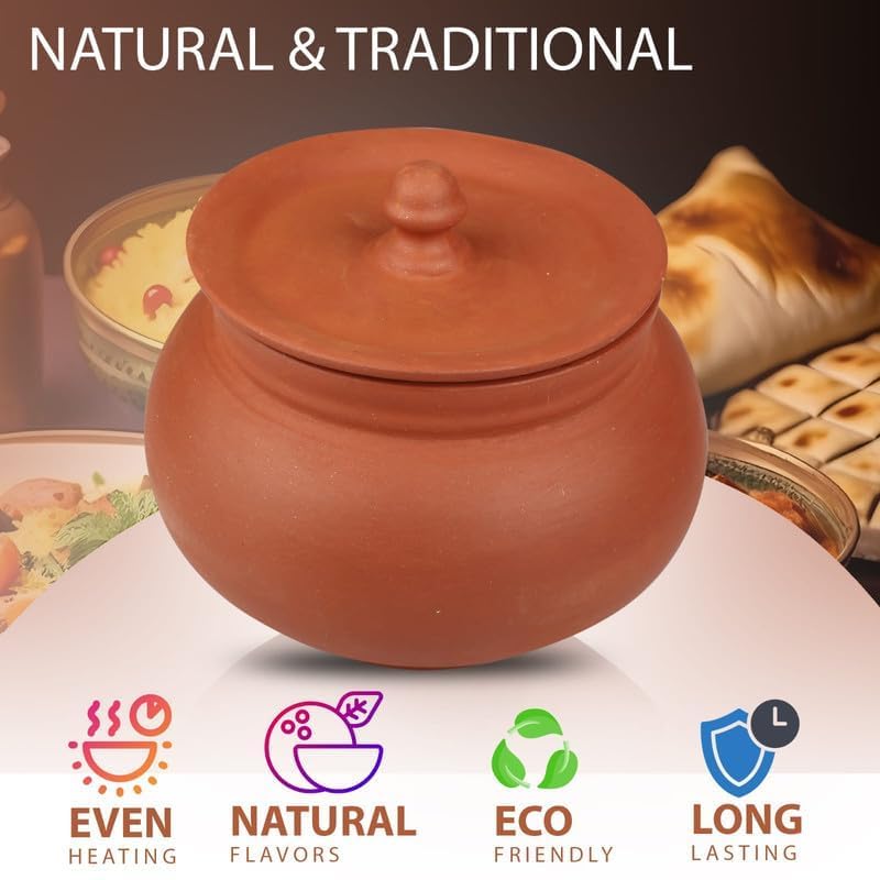 Image of Bhanvi 1000ml Earthen Clay Curd Pot with Lid for Making Curd Chach Lassi Dahi Kadai Handi Mitti Ke Bartan Unglazed Clay Pot Serving Use in Oven Not for Cooking