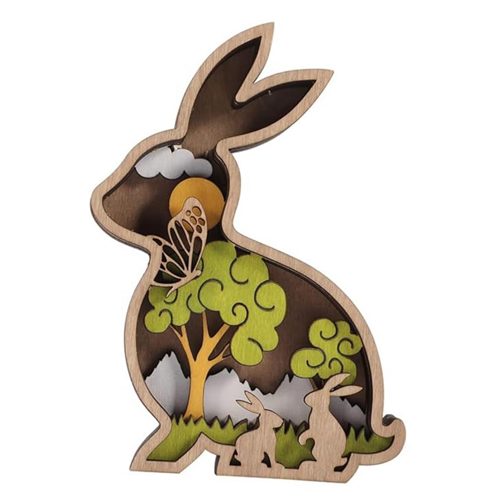 Loufy Hollow-Out Rabbit Ornament, Wooden Bunny, Rabbit Wall Sculpture, Easter Wooden Adornments