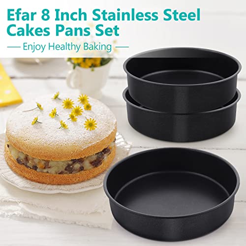 E-Far 8 Inch Cake Pan Set Of 3, Nonstick Stainless Steel Small Round Cake Pans Tin For Baking Layer Cakes, Stainless Steel Core & Non-Toxic Coating, Straight Side & 2 Inch Deep #TOP6