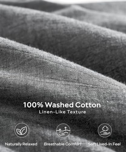 Image of JELLYMONI 100% Washed Cotton Dark Gray Duvet Cover King, Linen-Like | OEKO-TEX Certified, Soft, Breathable Percale Bedding with Natural Wrinkle Texture, Button Closure, 3-Piece Set, 104 inchx90 inch