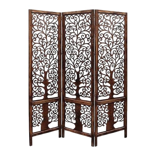 iAnanas Handgefertigt Raumteiler aus massivem braunem Holz Klassisches 3 teiliges Design mit Blumenmuster platzsparend faltbar & leicht zu montieren...