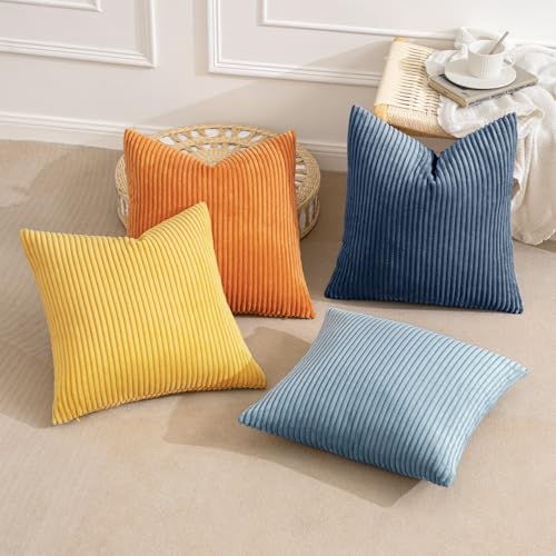 Image of MIULEE Pack of 4 Blue-Orange Corduroy Decorative Throw Pillow Covers 18x18 Inch Soft Boho Striped Pillow Covers Modern Farmhouse Home Decor for Summer Sofa Living Room Couch Bed
