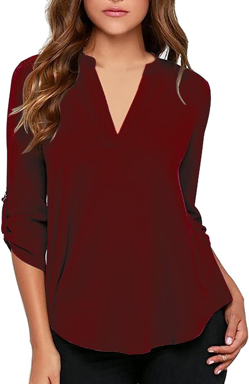 roswear Women's Business Casual V Neck Cuffed Sleeves Chiffon Work Blouse Top