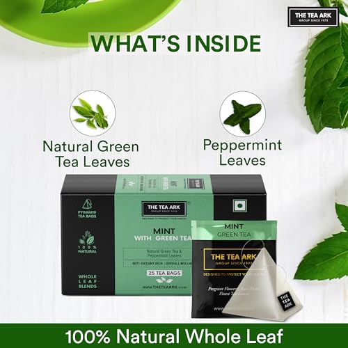 Image of The Tea Ark Mint Green Tea Bags (25 Count) | Natural Herbal Whole Leaf Tea | Individually Wrapped Pyramid Tea Bags (25 Tea Bags, Mint Green)
