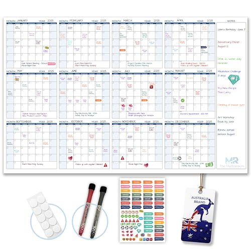 THE MASTERROUTE Large Dry Erase Wall Calendar 147x94cm Reusable 12-Month Undated Wall Planner 2026 Horizontal Layout with 2 Markers 83 Stickers & Mounting Tapes for Home Office or School