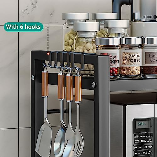 devesanter Expandable Microwave Oven Rack 3 Tier microwave shelf, with 6 hooks Adjustable Width & Height Kitchen Counter Organizer Shelf Stand, Pot Pan Grill Storage Racks, Width 40-64cm Black - Image 6