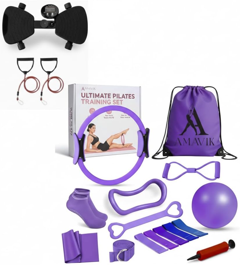 AMAVIK 15-Piece Pilates Kit with Resistance Bands, Ring, Ball, Socks & Accessories + Waist Twister Machine with Digital Counter, Anti-Slip Pedals – Full Body Home Workout for Core, Strength, Flexibili