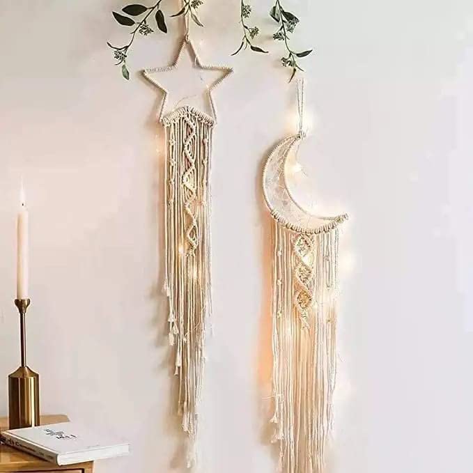Urooz Cotton Macrame Wall Hanging Moon Star With Led Light Dream Catcher White Bohemian Home Decor Wall Art For New Year Living Room Kids Room Wedding Craft Gift Woven Bohemian Knotted-image-13