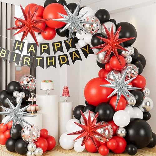 Image of TONIFUL 8 Pcs Explosion Star Balloons Red Silver Foil Balloon Party Decor | 22 Inch Large Mylar Star Balloon for Adults Birthday New Year Modern Wedding Bridal Shower Christmas Photo Booth Supplies