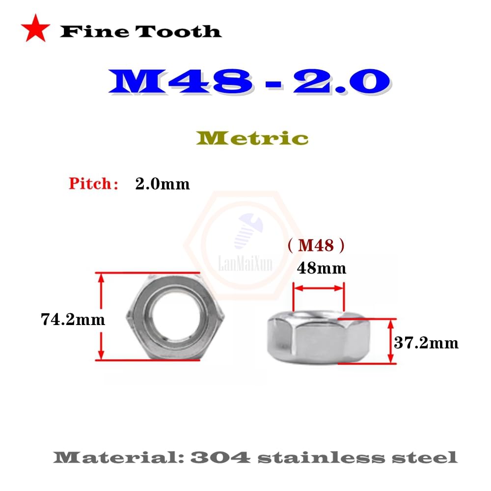Tuercas hexagonales de acero | 1 Uds M36-2.0 tuercas hexagonales de rosca fina de acero inoxidable métrico 304, tuercas de dientes finos(M48 2.0(1pcs))
