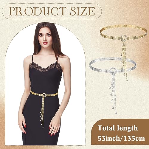 Toulite 2 Pcs Rhinestone Chain Belt 53.1 Inch Crystal Waist Diamond Belts for Women Dresses O Ring Waistband for Ladies Jeans Gift, Gold Silver2