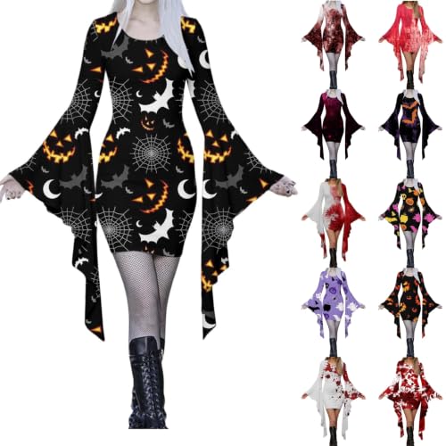 LUOJIABAOFU Halloween Dresses for Women,Bat Costume Women 2026 Halloween Gothic Sexy Vampire Irregular Dresses Batwing Sleeve Spooky Print Mini Dress(42_Black,Medium) - image 1