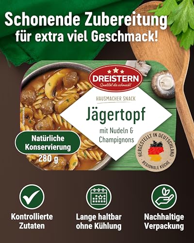 DREISTERN Jägertopf 280g I Mit Champignons & Nudeln I Herzhaftes Fertiggericht in Mikrowellenschale I Lange Haltbarkeit dank natürlicher Konservierung I Hausmacher Qualität