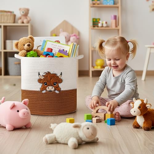 Image of Large Blanket Baskets for Living Room, Highland Cow Storage Baskets for Toys Organizer Woven Cotton Rope Basket for Kids, Clothes Hamper with Embroidery Highland Cow Decor for Nursery Laundry