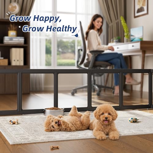 Image of Clear Acrylic Dog Playpen Indoor, Puppy Cat Small Pet Play Pen, Pet Cat Playpen for Rabbits, Dog Fence Crate Kennel Whelping Cage (O Series, 24 inch, Black, Door+Panel)