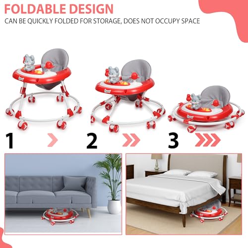 Image of JoyRide Musical Baby Walker with Adjustable Seat, Interactive Toy Bar, Foldable Design, 6-18 Months (Red)