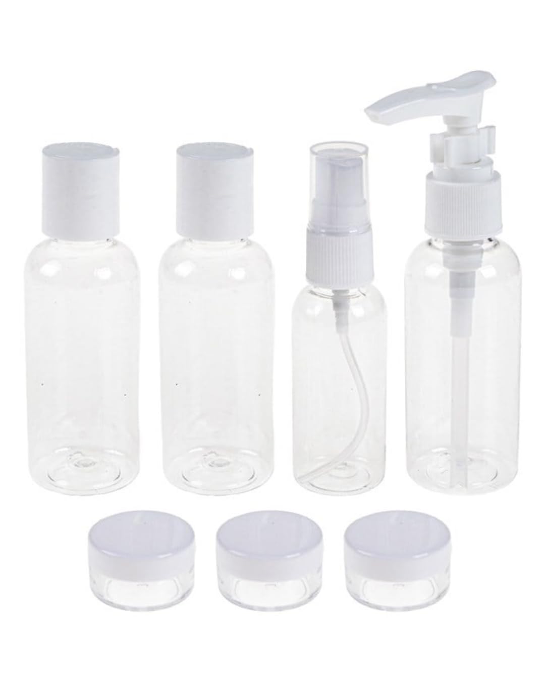 Kit de Viagem 7 Peças com Nécessaire, Frascos com Bomba e Spray 80ml, Potes 15g, Material PVC Transparente para Cosméticos, Shampoo e Perfumes