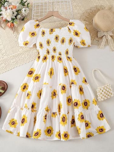 Floral Print Smocked Dress, White with Flower, Princess Style3