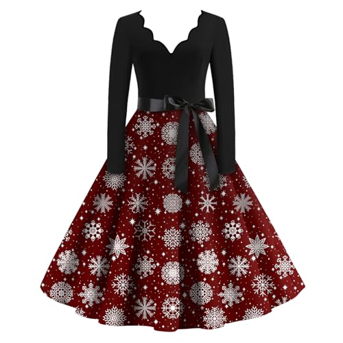 Vintage Kleider Damen Frauen Vintage Rockabilly V-Ausschnitt Langarm A-Linie Übergröße Weihnachten Kleid Mit Schleife Sexy Weihnachtskleid Für...