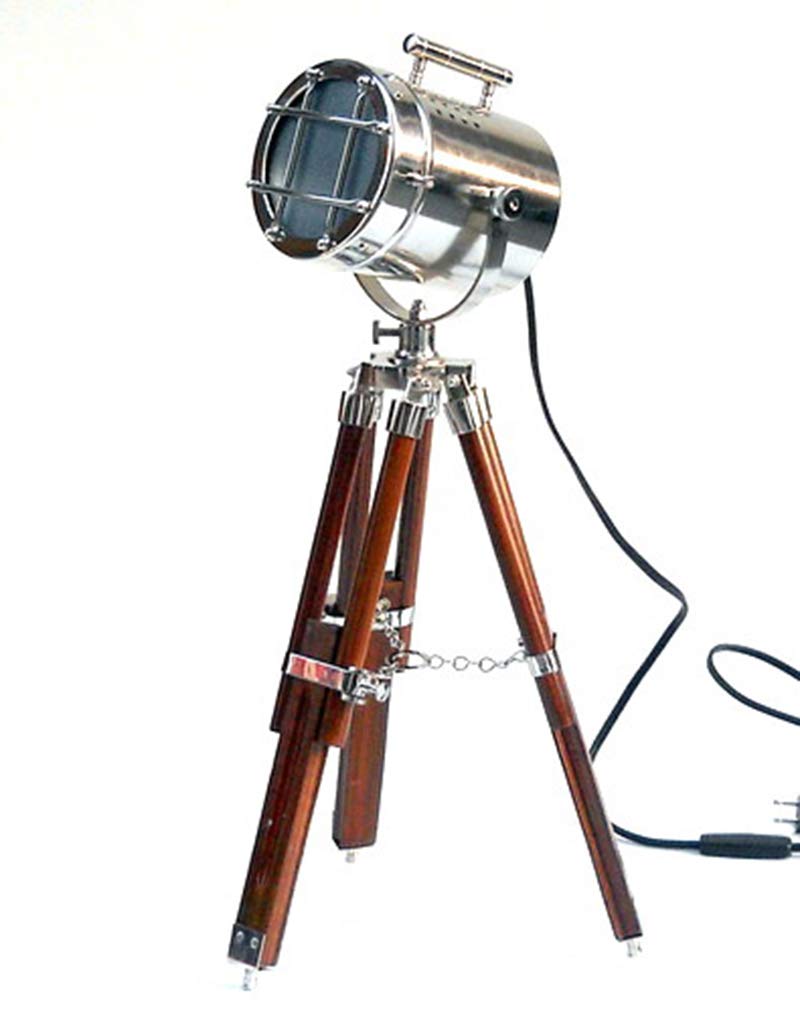 Morska vintage reflektor lampa statywowa chromowana i brązowa lampa stołowa