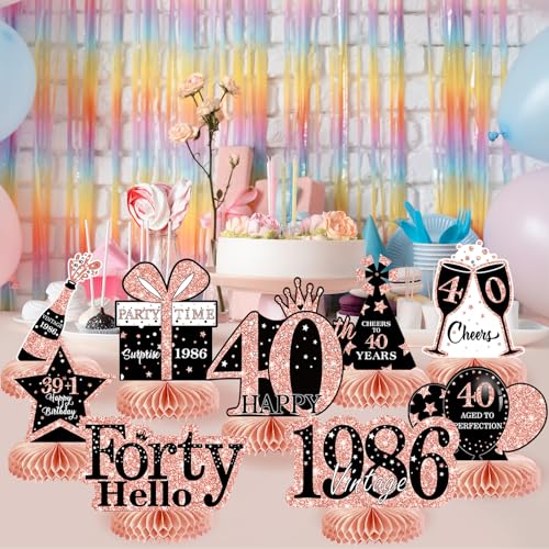 Image of 9Pcs 40th Birthday Decorations Honeycomb Centerpieces for Women, Rose Gold Pink Happy 40th Birthday Centerpieces Tables Toppers Party Decorations Supplies, Vintage 1986 Aged Table Sign Decor