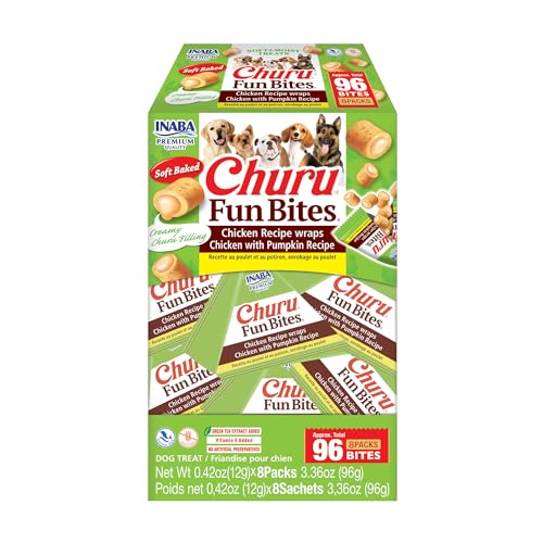 INABA Churu Fun Bites for Dogs, Soft & Chewy Baked Chicken Wrapped Filled Dog Treats with Vitamin E, 0.42 Ounces per Tetra, 8 Tetras per Box, Chicken with Pumpkin Recipe - Chicken with Pumpkin Recipe - 1 Count (Pack of 8)
