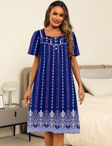 Image of Ekouaer Women's House Dress with Pocket Button Mumus | Short Sleeve Nightgown, Floral Print Mumu Dresses, Square Casual Sleepwear, Boho Roomy Housecoat, Plus Size Soft Sleepwear