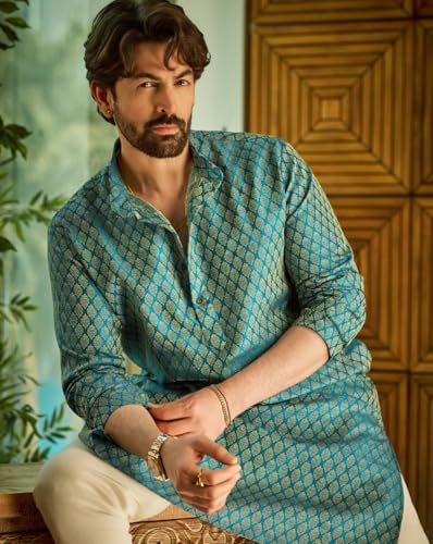 Image of Sojanya (Since 1958 Men'S Cotton Linen Blue Foil Printed Only Long Kurta