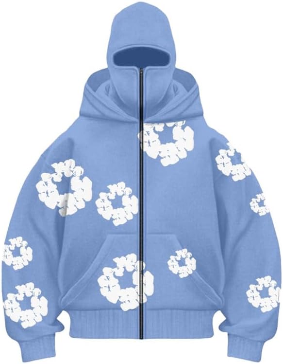 Y2K Men's and Women's Full Zipper Mask Double Hoodie Retro Bubble Printed Hip Hop Street Loose Hoodie Sweatshirt