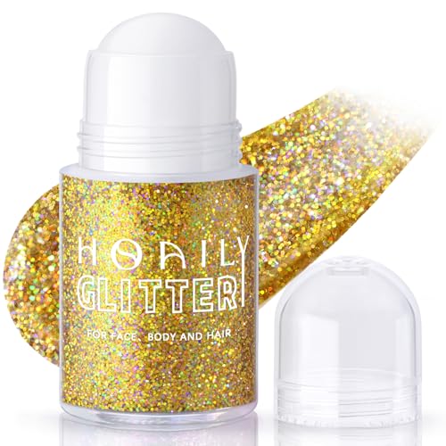 HOSAILY Roll-on Holographic Body Glitter Gel for Face Hair Chameleon Color Changing Glitter Gel Under Light Chunky Mermaid Sequins Festival Party Rave Accessories Shimmer Makeup (Gold)