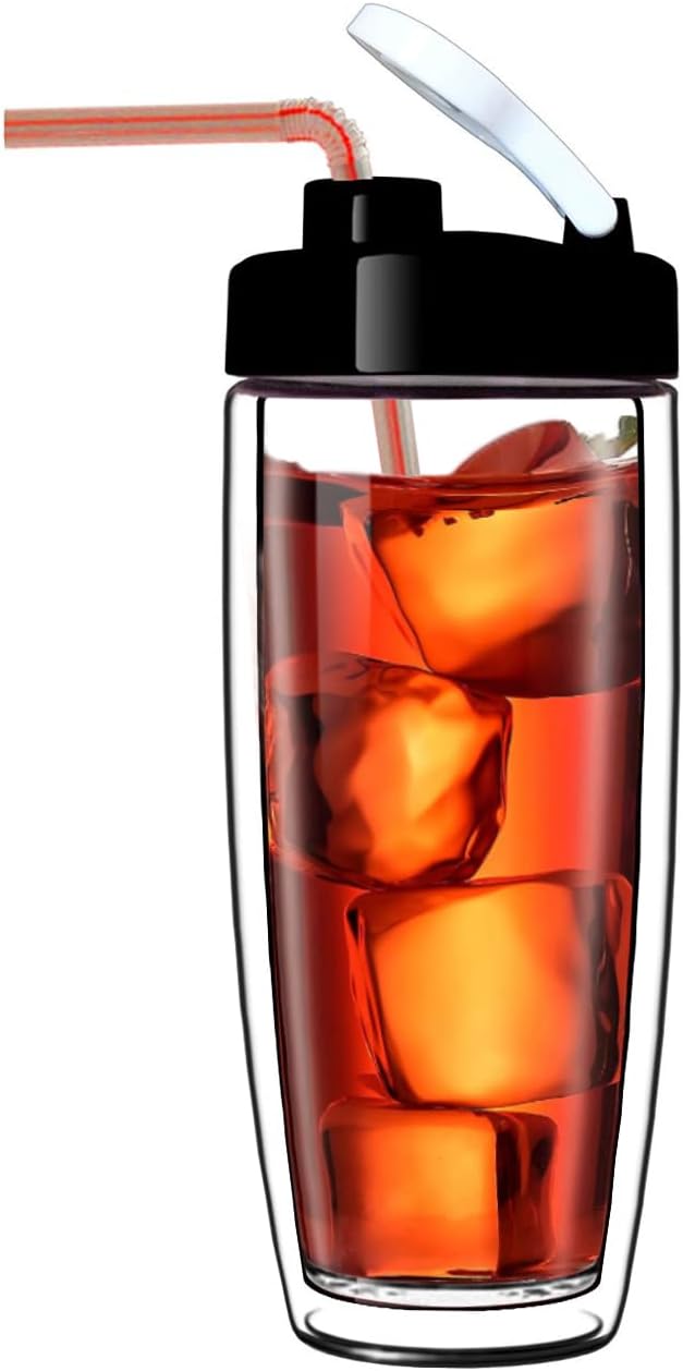 Sun's TeaArco 16oz Vacuum Insulated Double Wall Glass Tumbler with Drink Hole Lid, Iced Tea or Coffee, Water Bottle Travel Mug Cupholder Friendly (Real Glass, Not Plastic)