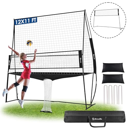 Orealla Equipo de entrenamiento de voleibol de 12 x 11 pies, estación de red de práctica de voleibol, altura libremente ajustable de la red frontal, red de voleibol de fácil montaje para golpear en el