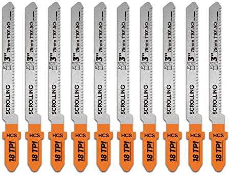 Augtouf 10 Pcs T-Shank Jigsaw Blades Set, Jig Saw Blades for Cutting Wood - 3 Inches, 18 TPI