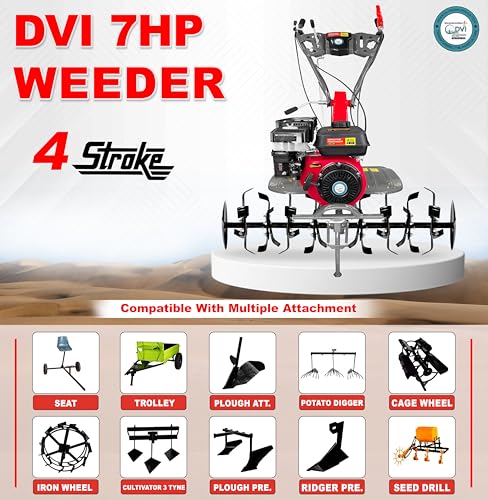 Image of DVI 7HP 4 Stroke Power Weeder with AIR Cooled Petrol Engine Suitable for Farm & Agriculture | Used for Weeding in All Types of Crops with High Carbon Metal Blades. (with RIDGER Premium Attachment)