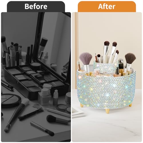 Image of fanado Bling 360 Rotate Makeup Brush Holder Organizer, Makeup Organizers Countertop, Makeup organization and Skincare Storage for Vanity, Gift for Women Girls (Bling dz-White AB)