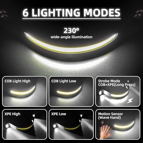 Hyted Head Torch Rechargeable, Super Bright LED Headtorch 230° Wide Beam & 270° Adjustable Spotlight, 6 Modes with Motion Sensor, Waterproof Lightweight Headlamp for Running Camping Fishing - Image 3