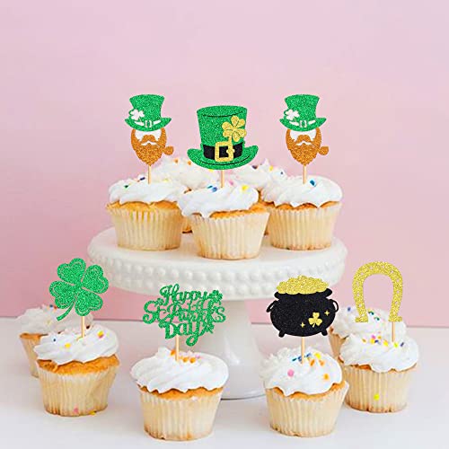Ercadio 36 Pack Happy St Patrick's Day Cupcake Toppers Glitter Four Leaf Clover Shamrock Cupcake Picks Green Hat Cupcake Toppers For Irish Saint Paddy's Day Theme Party Birthday Cake Decor Supplies #TOP2