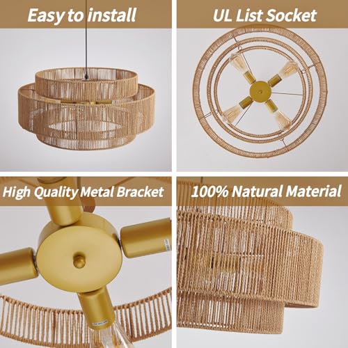 Image of 3-Tier Large Rattan Chandeliers, 23.6in Boho Coastal Pendant Lights, Hand Woven Hemp Rope Lighting Fixture, Wicker Hanging Ceiling Light for Living Room, Dining Room, Bedroom, Kitchen Island