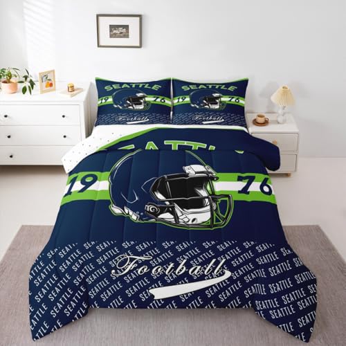 Feelyou Football Kids Comforter Set King Size Seattle Bedding Set Football City Duvet Quilt for Kids Boys Girls Bedroom Sports Games Decor Microfiber Ultra Soft Breathable